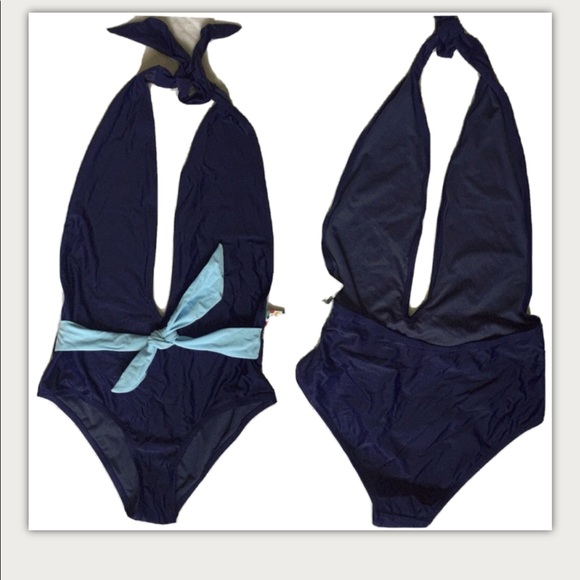 🛍 One-piece Navy Swimsuit Deep V Blue Tie - Picture 1 of 9